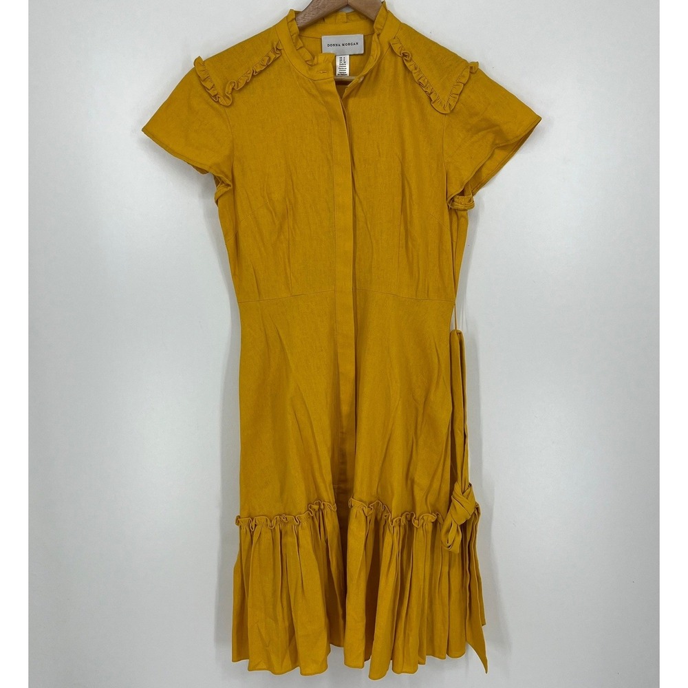 Donna Morgan Mustard Yellow Linen Blend Ruffle Tiered Fit & Flare Dress Size 4